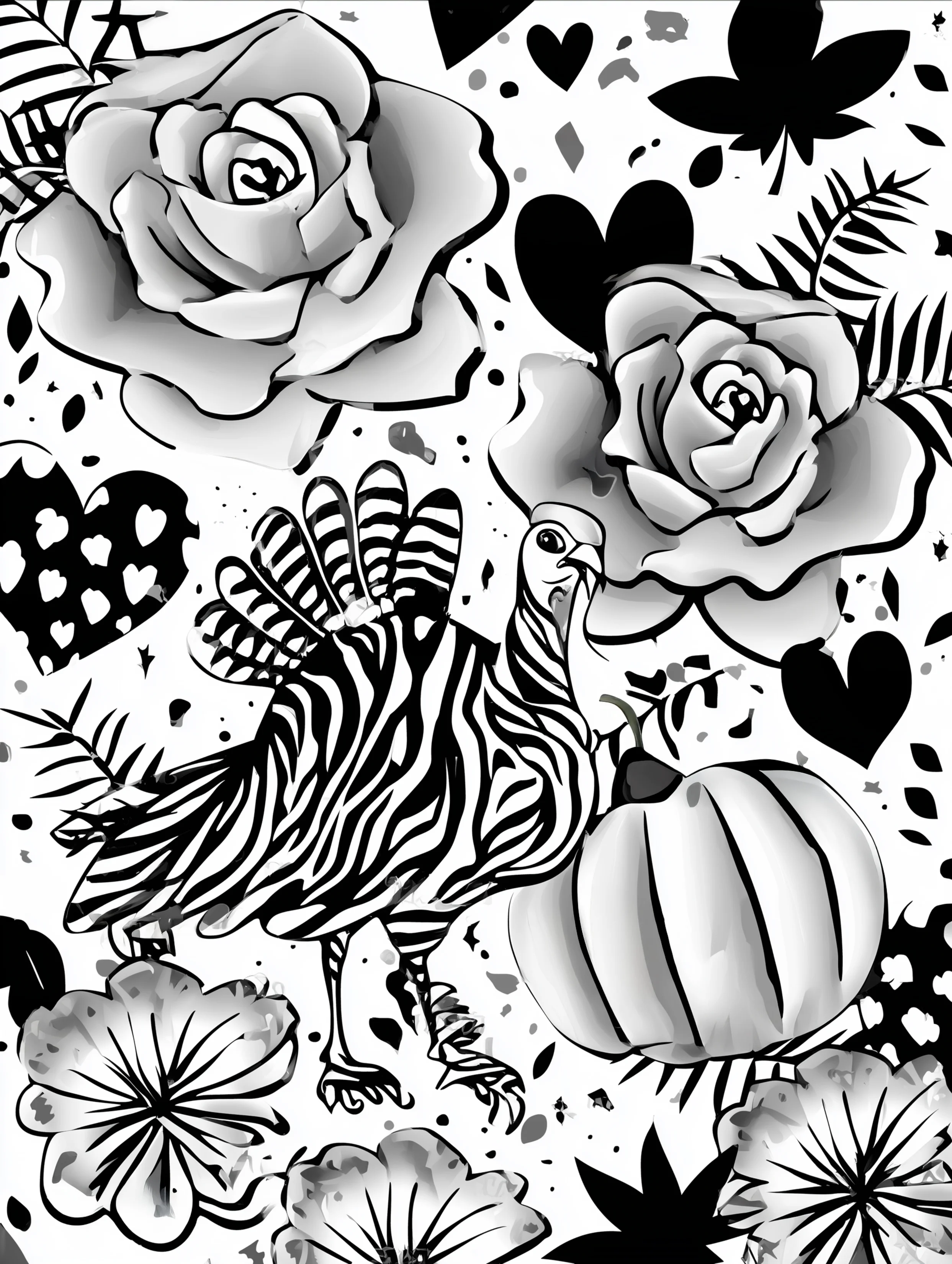 Free printable thanksgiving coloring page for adults featuring a striped turkey with flowers and pumpkin